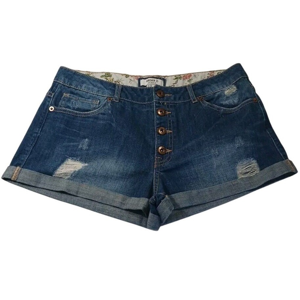 Forever 21 Button Fly Denim Shorts Size 29 Distressed Cuffed Mid‎ Rise Vacation
